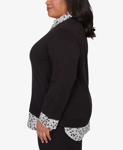 Alfred Dunner Plus Size Seville Print Woven Two In One Sweater With Necklace In Black