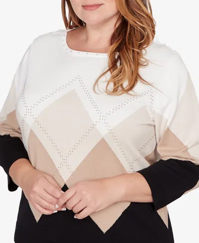Alfred Dunner Plus Size Seville Argyle Ribbed Jewel Neck Sweater In Multi