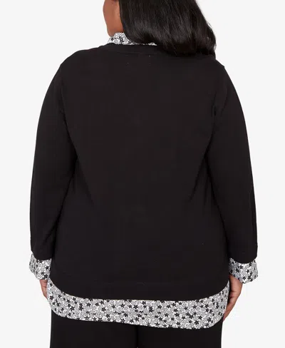 Alfred Dunner Plus Size Seville Print Woven Two In One Sweater With Necklace In Black