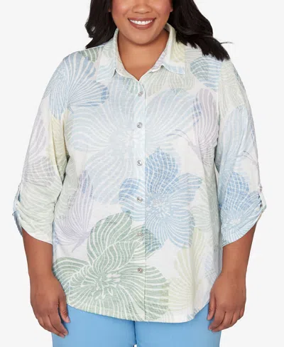 Alfred Dunner Plus Size St. Augustine Pastel Floral Print Button Down Shirt In White
