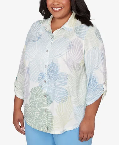 Alfred Dunner Plus Size St. Augustine Pastel Floral Print Button Down Shirt In White