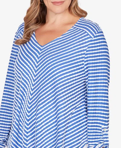 Ruby Rd. Plus Size Mitered Scallop Stripe Tunic Top In Blue