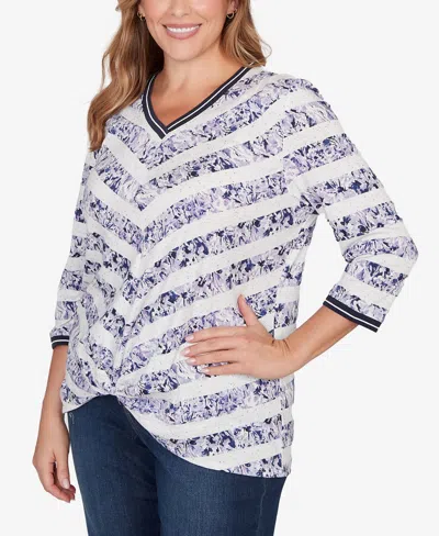 Ruby Rd. Plus Size Floral Stripe Twist Front Knit Top In White