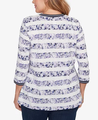 Ruby Rd. Plus Size Floral Stripe Twist Front Knit Top In White