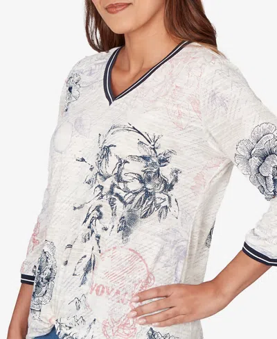 Ruby Rd. Petite Botanical Stamp Knit Twist Front Top In Multi