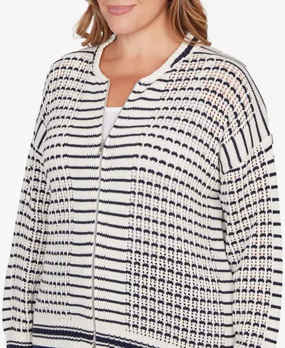 Ruby Rd. Plus Size Mesh Stitch Zip Sweater Jacket In White