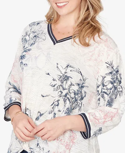 Ruby Rd. Plus Size Botanical Stamp Knit Twist Front Top In White