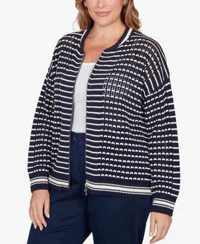 Ruby Rd. Plus Size Mesh Stitch Zip Sweater Jacket In Blue