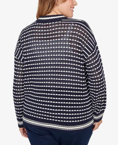 Ruby Rd. Plus Size Mesh Stitch Zip Sweater Jacket In Blue