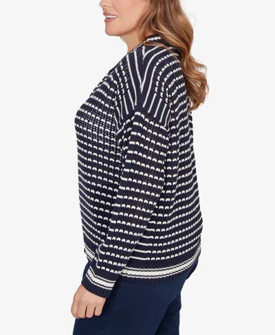 Ruby Rd. Plus Size Mesh Stitch Zip Sweater Jacket In Blue