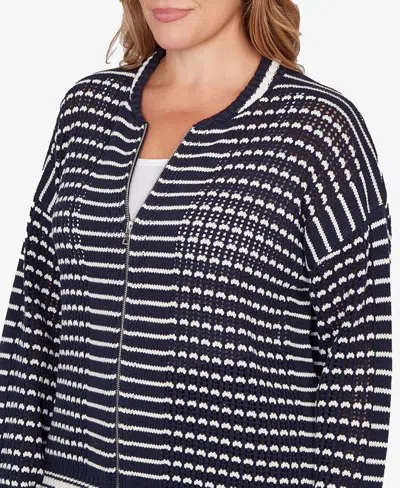 Ruby Rd. Plus Size Mesh Stitch Zip Sweater Jacket In Blue