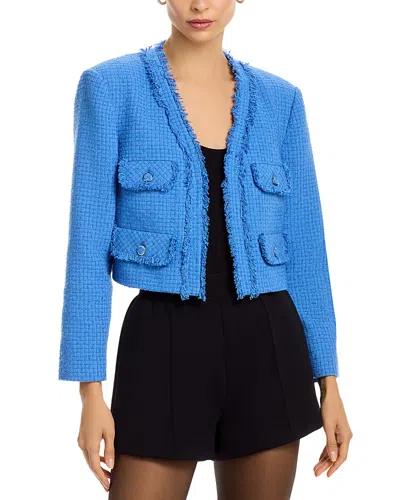 Milly Serena Fringe Detail Cotton Blend Tweed Jacket In Blue