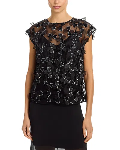 Milly Ryan Clover Bow Rhinestone Organza Top In Black