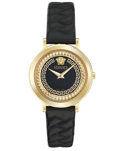 Versace Women's Swiss Delphinus Black Leather Strap Watch 35mm In Gold