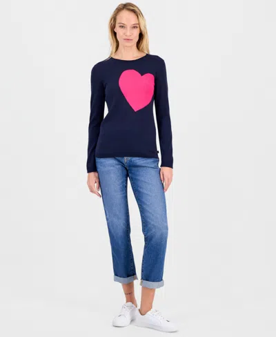 Nautica Jeans Women's Cotton Embroidered-heart Sweater In Blue