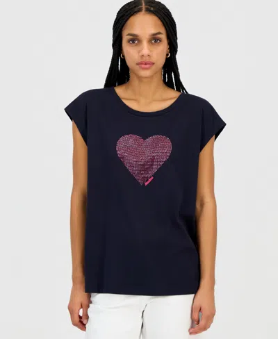 Nautica Jeans Women's Round-neck Embellished-heart T-shirt In Black