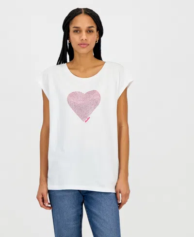 Nautica Jeans Women's Round-neck Embellished-heart T-shirt In White
