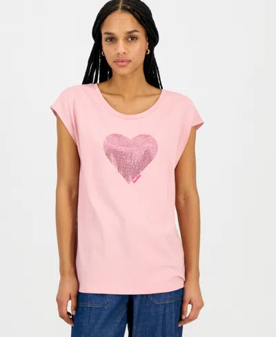 Nautica Jeans Women's Round-neck Embellished-heart T-shirt In Pink