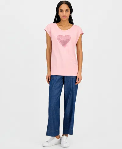 Nautica Jeans Women's Round-neck Embellished-heart T-shirt In Pink