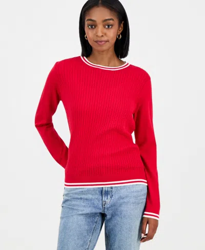 Nautica Jeans Women's Cotton Cable Knit Crewneck Sweater In Red