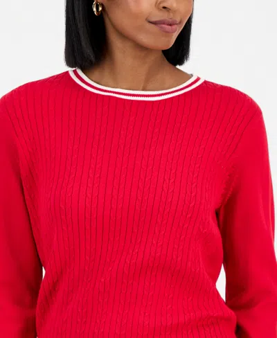 Nautica Jeans Women's Cotton Cable Knit Crewneck Sweater In Red