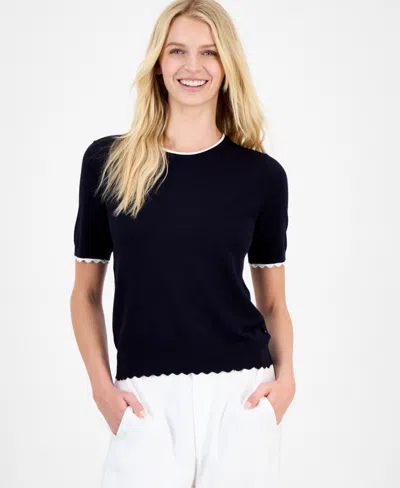 Nautica Jeans Women's Scallop-trim Short Sleeve Crewneck Sweater In Black