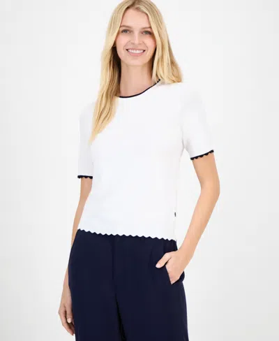Nautica Jeans Women's Scallop-trim Short Sleeve Crewneck Sweater In White