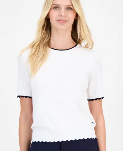 Nautica Jeans Women's Scallop-trim Short Sleeve Crewneck Sweater In White