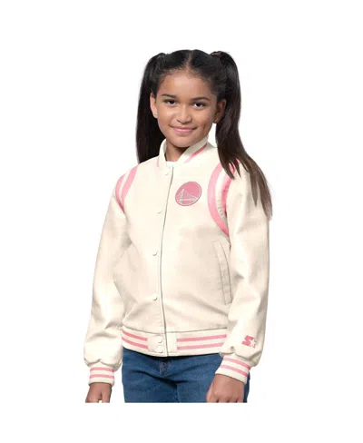 Starter Girls Cream/pink Golden State Warriors Underdog Leather Varsity Jacket In Neutral