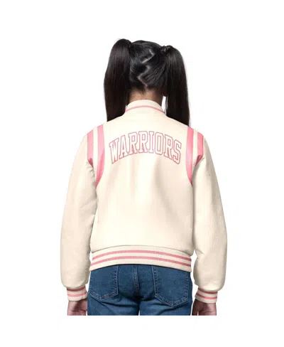 Starter Girls Cream/pink Golden State Warriors Underdog Leather Varsity Jacket In Neutral