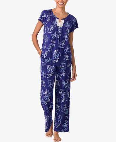 Aria Sleepwear Brushed Cotton Cap Sleeve Long Pant Pj Set In Blue