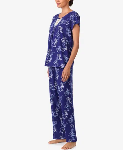 Aria Sleepwear Brushed Cotton Cap Sleeve Long Pant Pj Set In Blue