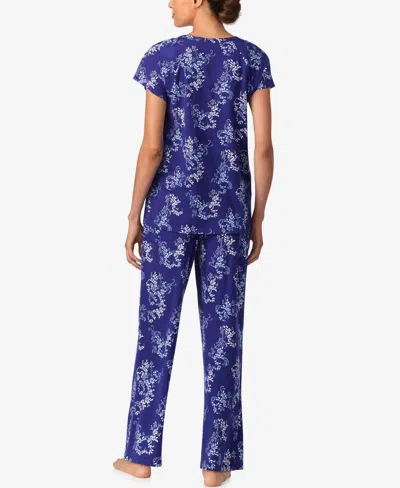 Aria Sleepwear Brushed Cotton Cap Sleeve Long Pant Pj Set In Blue