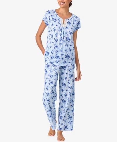 Aria Sleepwear Brushed Cotton Cap Sleeve Long Pant Pj Set In Blue