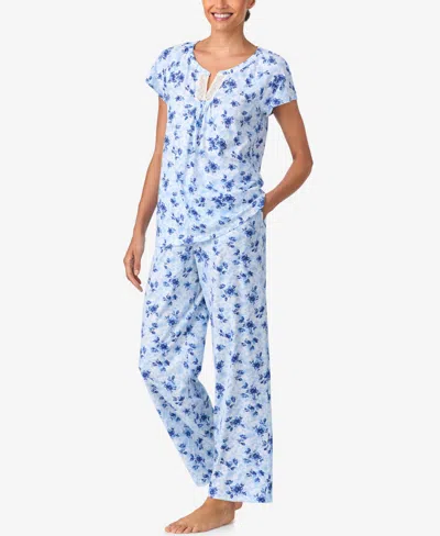 Aria Sleepwear Brushed Cotton Cap Sleeve Long Pant Pj Set In Blue