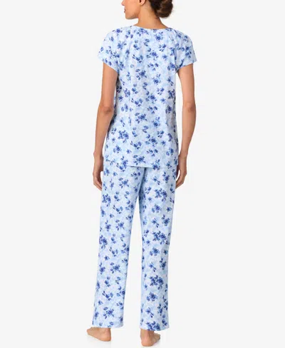 Aria Sleepwear Brushed Cotton Cap Sleeve Long Pant Pj Set In Blue