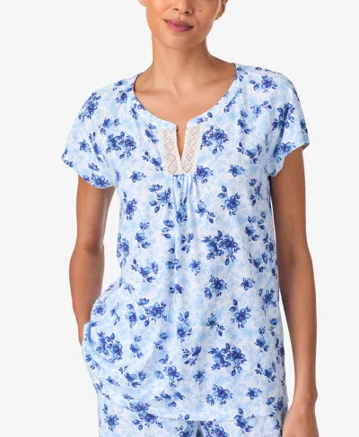 Aria Sleepwear Brushed Cotton Cap Sleeve Long Pant Pj Set In Blue