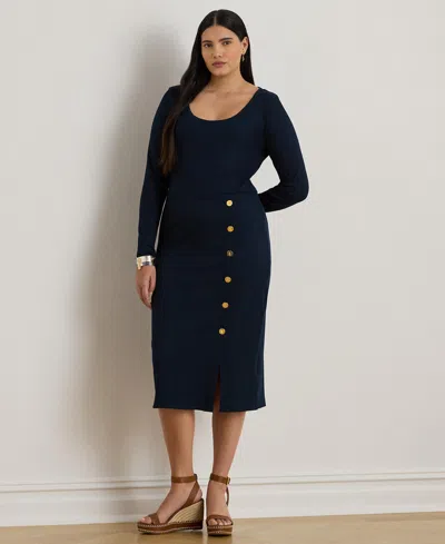 Ralph Lauren Plus Size Rib-knit Scoop Neck Dress In Blue