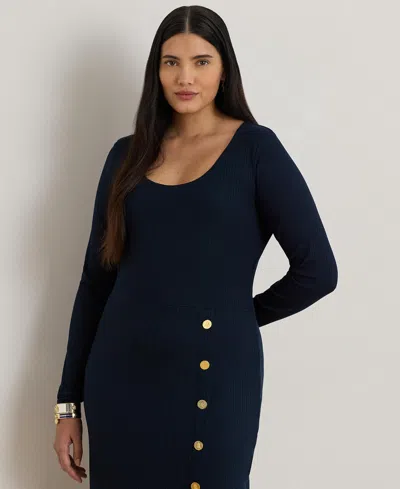 Ralph Lauren Plus Size Rib-knit Scoop Neck Dress In Blue