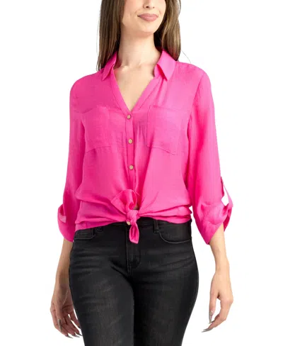 Bcx Women's Resort Gauzy Texture Collared Button Up Shirt In Pink