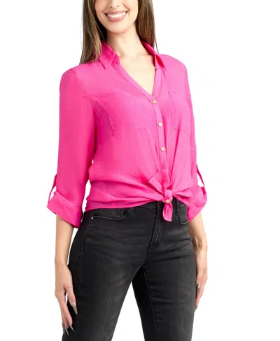 Bcx Women's Resort Gauzy Texture Collared Button Up Shirt In Pink