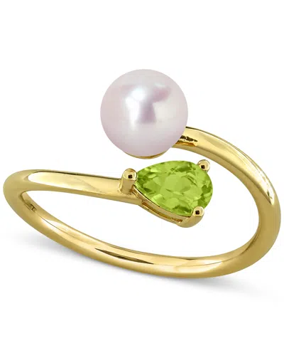 Macy's Gold Flash-plated Sterling Silver Cultured Freshwater Pearl & Peridot Bypass Ring In Gold