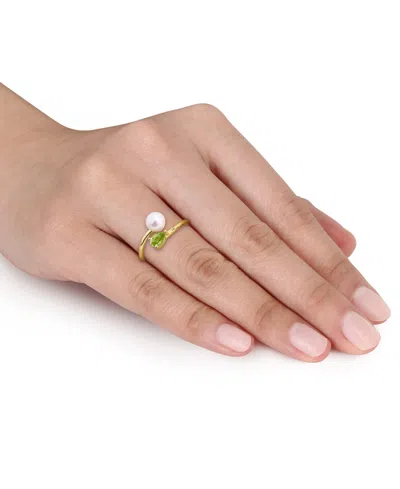 Macy's Gold Flash-plated Sterling Silver Cultured Freshwater Pearl & Peridot Bypass Ring In Gold