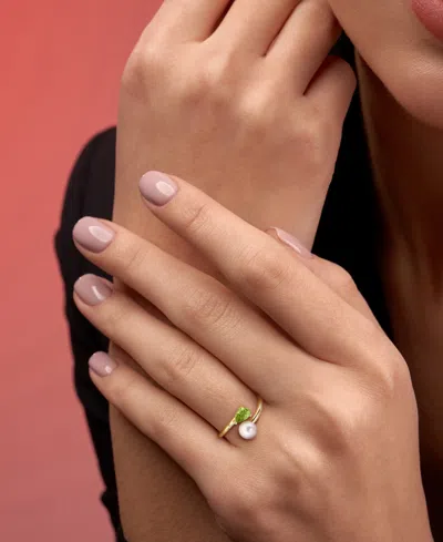 Macy's Gold Flash-plated Sterling Silver Cultured Freshwater Pearl & Peridot Bypass Ring In Gold