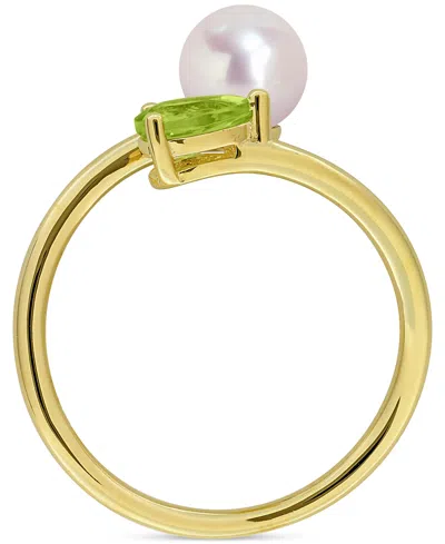 Macy's Gold Flash-plated Sterling Silver Cultured Freshwater Pearl & Peridot Bypass Ring In Gold
