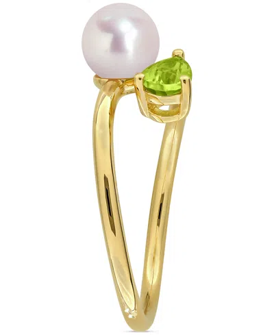 Macy's Gold Flash-plated Sterling Silver Cultured Freshwater Pearl & Peridot Bypass Ring In Gold