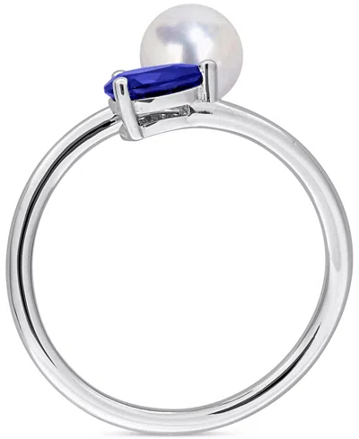 Macy's Cultured Freshwater Pearl (6mm) & Lab Grown Blue Sapphire (5/8 Ct. T.w.) Bypass Ring In Sterling Sil In Metallic