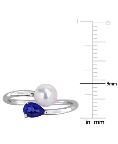 Macy's Cultured Freshwater Pearl (6mm) & Lab Grown Blue Sapphire (5/8 Ct. T.w.) Bypass Ring In Sterling Sil In Metallic