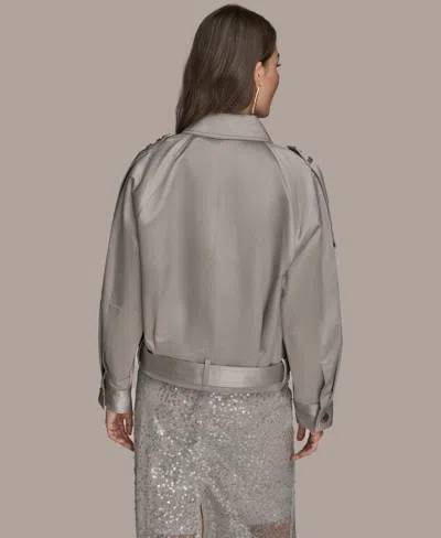 Donna Karan Womens Long Sleeve Belted Jacket Short Sleeve Mock Neck Sweater Sequin Detail Midi Skirt In Gray