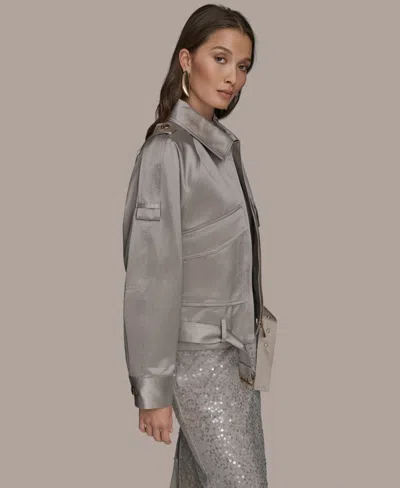 Donna Karan Womens Long Sleeve Belted Jacket Short Sleeve Mock Neck Sweater Sequin Detail Midi Skirt In Gray
